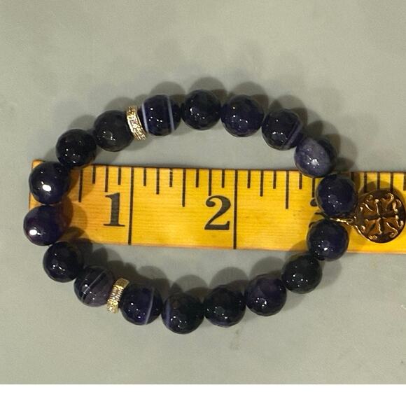 Rustic Cuff PURPLE ONYX BEADS w/ Gold accents & logo Stretch Stacking Bracelet - Picture 4 of 12